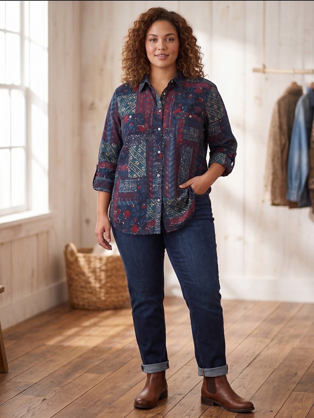 Lauren Ralph Lauren Patchwork Print Shirt Womens XL Boho Floral Roll Tab